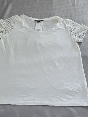 Lands' End White Tee with Crochet Short Sleeves